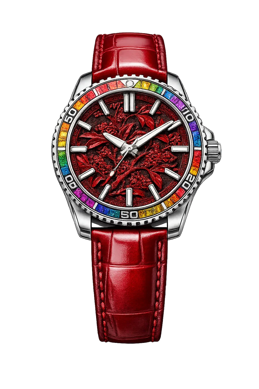 Red leather timepiece with a deeply textured crimson dial and multicolour bezel